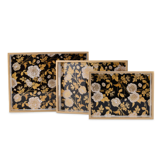 -Fiori obscure - Painted Rectangle tray- 15”x11” (Large), and 13”x9.5” (Medium) - Set of two