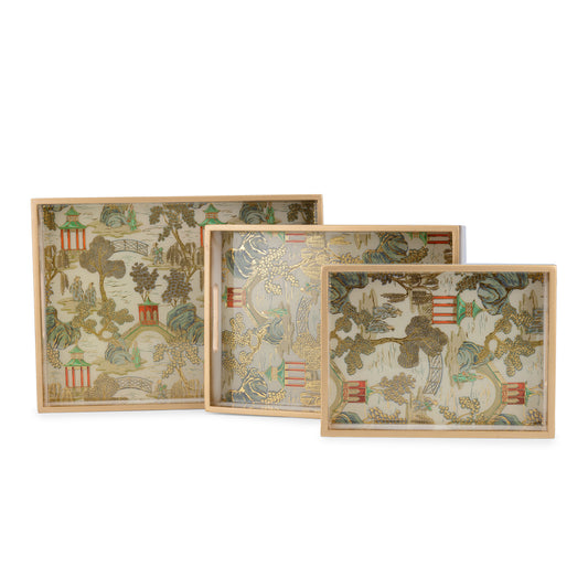 -Villaggio chinoiserie - Painted Rectangle tray- 15”x11” (Large), and 13”x9.5” (Medium) - Set of two